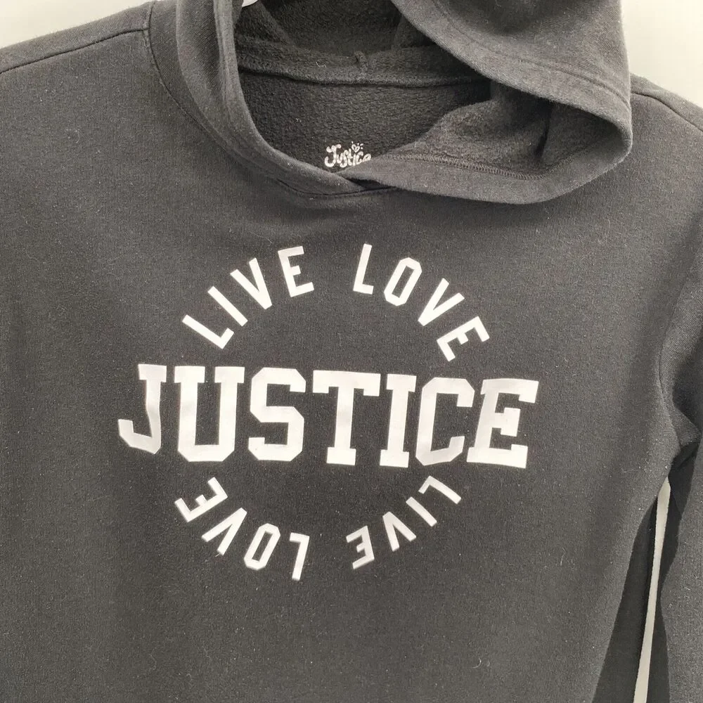 Justice Girl's Live Love Pullover Hoodie Sweatshirt Solid Black Size XL 16/18